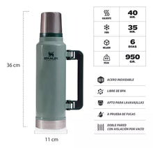 Cargar imagen en el visor de la galería, Stanley Termo Clásico 1.4 Lts Asa Plegable De Acero Inoxidable Verde
